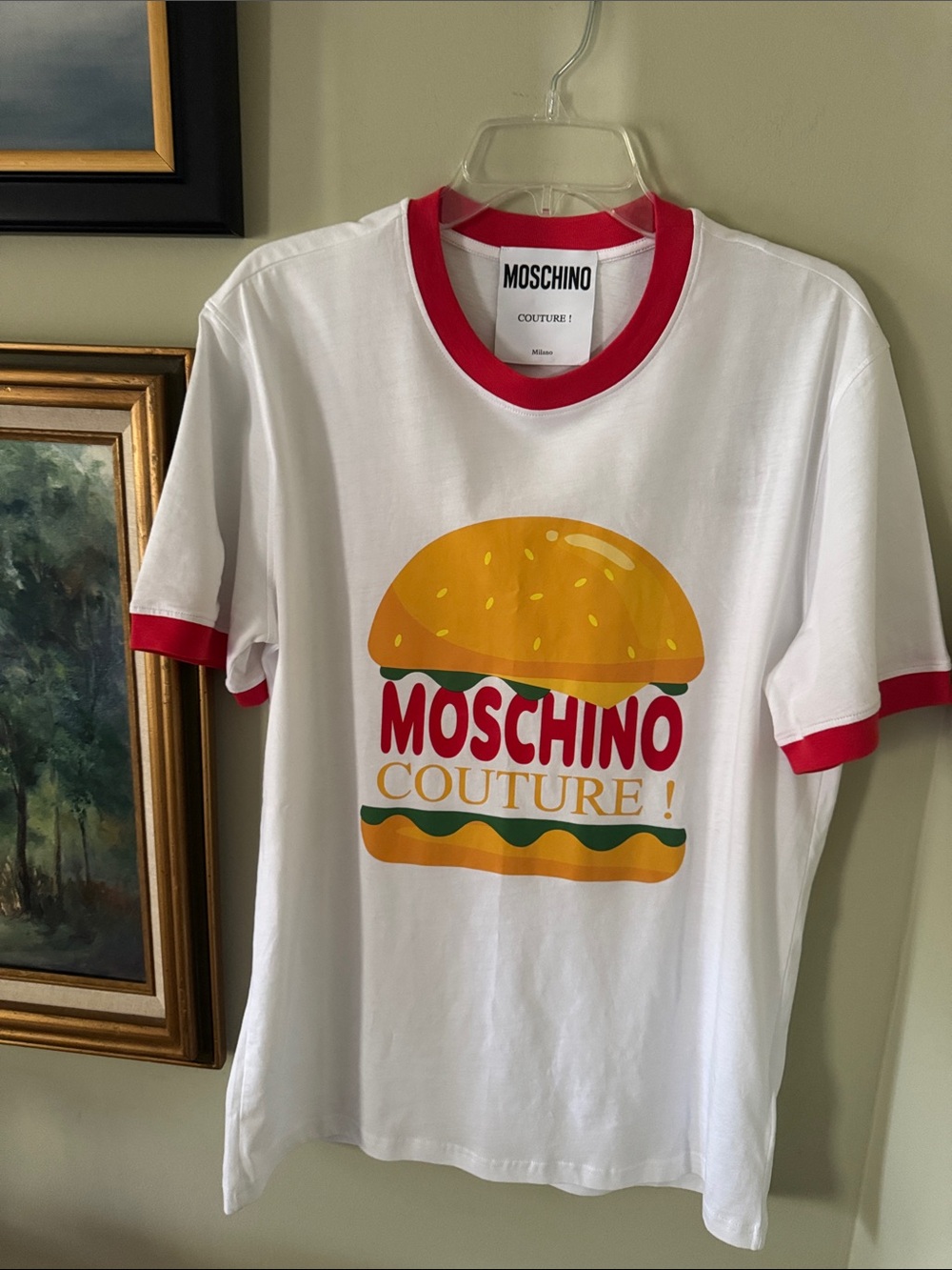 NEW Moschino Hamburger Logo Tee Size White Graphic Burger Tee Size L 50